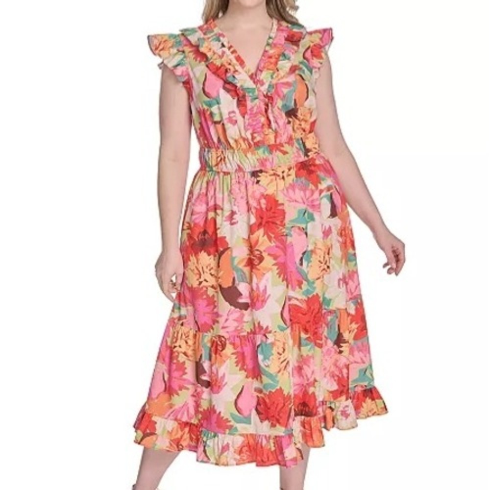 Vince Camuto Printed Ruffle Flutter‎ Sleeve Tiered Midi Dress Womens Size 12 NWT